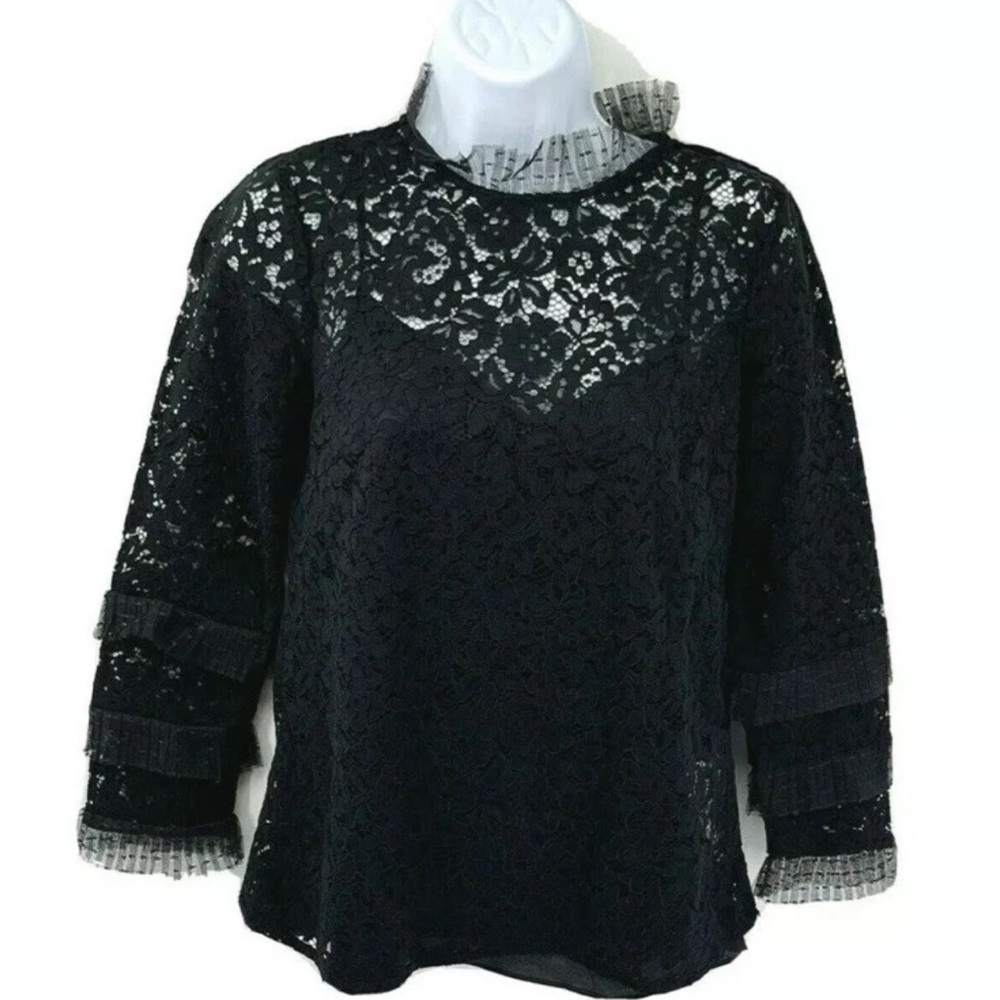 J. Crew Womens Blouse Top Black Size XS  Lace Semi  Sheer 3/4 Sleeve Ruffle trim